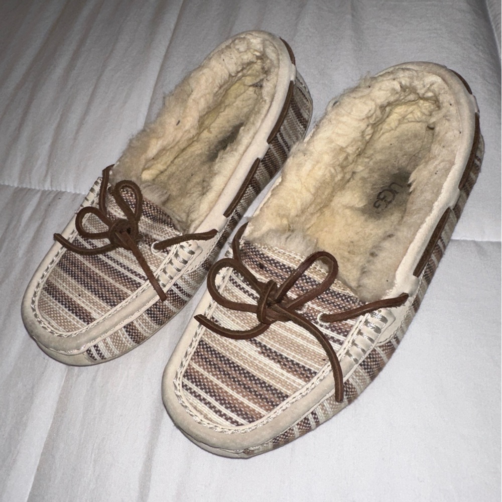 UGG Brown White Tan Striped Slip-On Moccasin Slippers- size 6